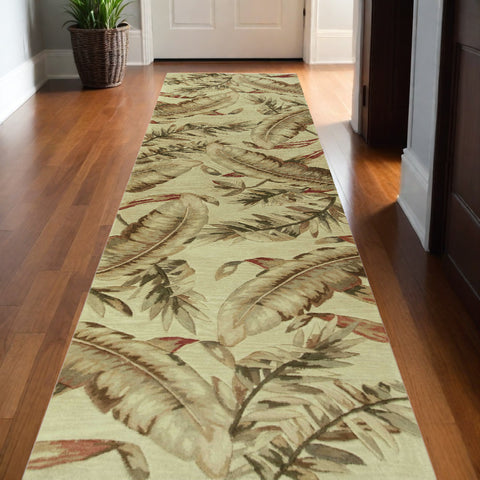 10' Ivory Green And Red Wool Tropical Botanical Hand Tufted Runner Rug