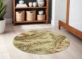5' Brown Green And Red Wool Tropical Botanical Hand Tufted Round Rug