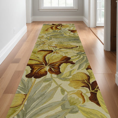 10' Ivory Green And Red Wool Tropical Botanical Hand Tufted Runner Rug