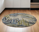 5' Ivory Blue And Green Wool Tropical Botanical Hand Tufted Round Rug