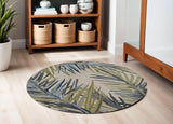 5' Ivory Blue And Green Wool Tropical Botanical Hand Tufted Round Rug