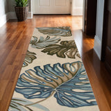10' Brown Blue And Green Wool Tropical Botanical Hand Tufted Runner Rug