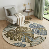 5' Brown Blue And Green Wool Tropical Botanical Hand Tufted Round Rug