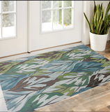 3' X 5' Ivory Blue And Green Botanical Leaves Area Rug