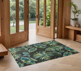 3' X 5' Gray Teal And Green Botanical Leaves Area Rug