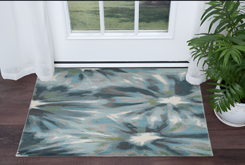 3' X 5' Teal Ivory And Gray Floral Area Rug