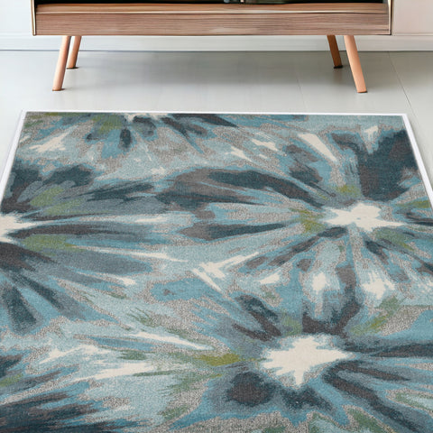 5' X 8' Teal Ivory And Gray Floral Area Rug