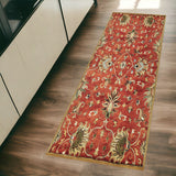 7' Rust Beige And Gray Wool Floral Medallion Hand Tufted Runner Rug