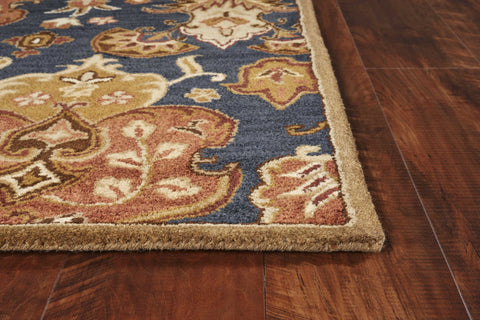 3' X 5' Navy Blue Orange And Brown New Zealand Lambs Wool Medallion Hand Tufted Area Rug