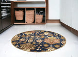 6' Navy Blue Orange And Brown Wool Medallion Hand Tufted Round Rug