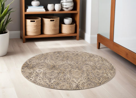 7' Gray Damask Round Rug