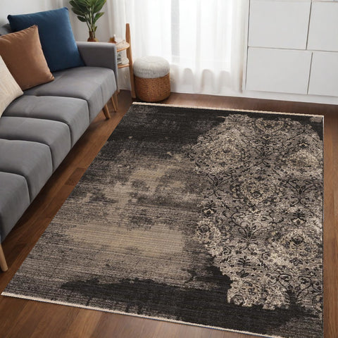 5' X 8' Taupe and Black Abstract Area Rug