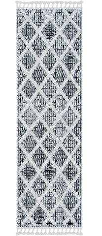 8' Cream And Charcoal Geometric Runner Rug