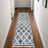 8' Cream And Charcoal Geometric Runner Rug
