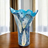 17" Blue And Green Cylinder Crystal Glass Table Vase