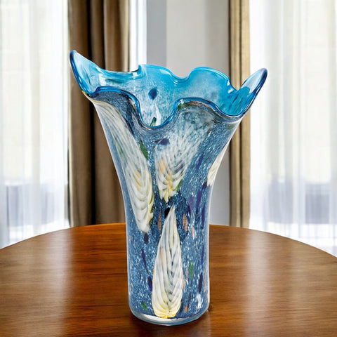 17" Blue And Green Cylinder Crystal Glass Table Vase