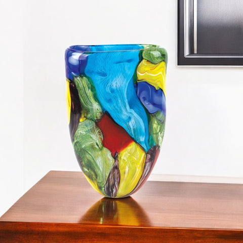 11" Blue Green Red And Yellow Cylinder Murano Glass Table Vase