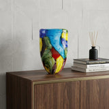 11" Blue Green Red And Yellow Cylinder Murano Glass Table Vase
