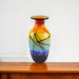 11" Black Blue Red And Yellow Abstract Urn Handblown Glass Table Vase