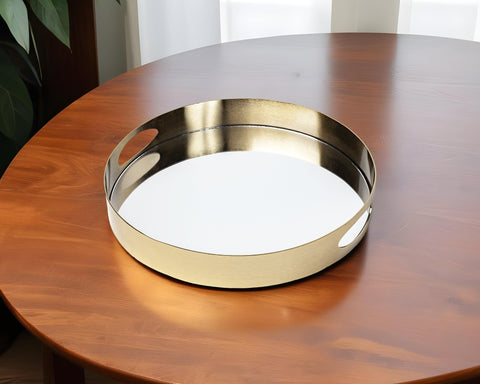 15" Gold And Mirrored Glass Round Metal Tray With Handles