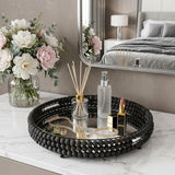 21" Matte Black Wood With Bead Mirrored Glass Bottom Round Tray