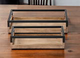Set of Two Brown Wood Indoor Outdoor Tray With Handles
