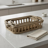 Set of Two Brown Wood Indoor Outdoor Tray With Handles