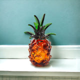 9" Amber And Green Mouth Blown Art Glass Pineapple Sculpture