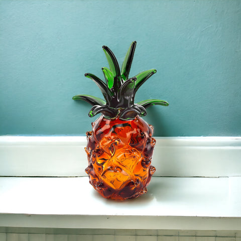 9" Amber And Green Mouth Blown Art Glass Pineapple Sculpture