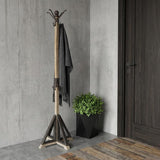 75" Black And Brown Solid Wood And Steel Twelve Hook Freestanding Coat Rack