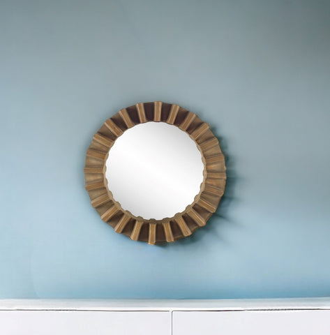 26" Brown Round Wood Framed Accent Mirror