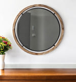 19" Black And Brown Metal And Solid Wood Round Geometric Framed Accent Mirror