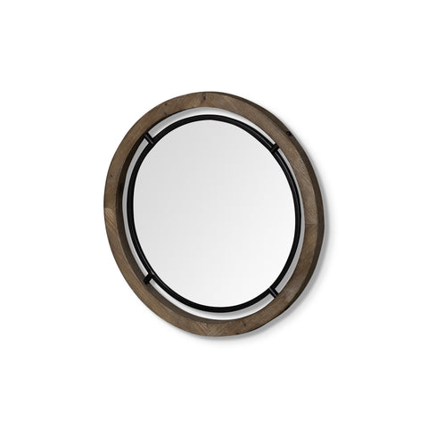 19" Black And Brown Metal And Solid Wood Round Geometric Framed Accent Mirror