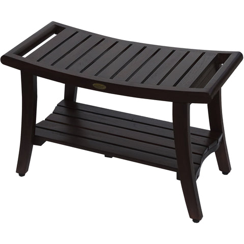 30" Dark Brown Teak Rectangular Shower Bench With Shelf