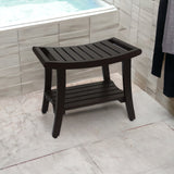 24" Dark Brown Freestanding Teak Shower Bench With Shelf And Handles