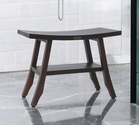 24" Dark Brown Teak Shower Bench With Shelf