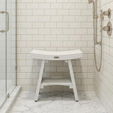 Compact Curvilinear Teak Shower Outdoor Bench With Shelf In Driftwood Finish