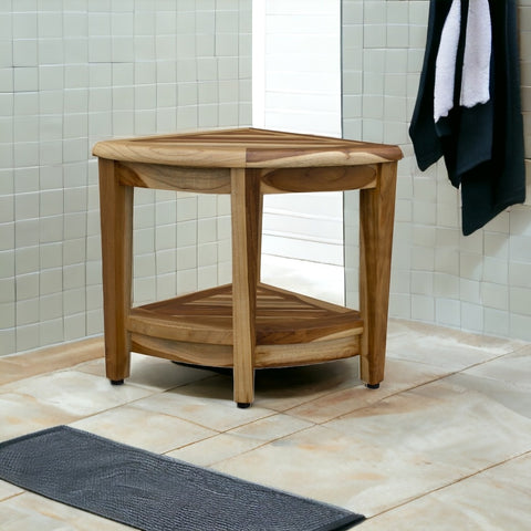 22" Natural Teak Corner Shower Bench With Shelf