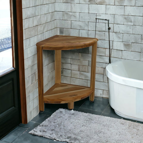 17" Brown Teak Corner Shower Bench With Shelf
