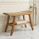 28" Natural Solid Teak Rectangular Shower Bench With Shelf