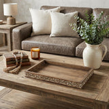 17" Brown Distressed Finish Wood Tray With Side Carvings