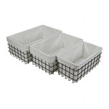 Set Of 3 Rectangular White Fabric Lined Metal Wire Baskets