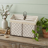 Set Of 3 Brown Linen Fabric And Line Metal Organizers