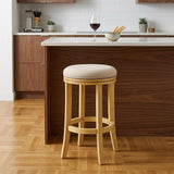 25" Cream And Brown Fabric And Solid Wood Backless Counter Height Swivel Bar Chair