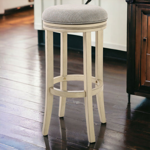 30" Gray and Ivory Fabric and Solid Wood Backless Bar Height Swivel Bar Chair