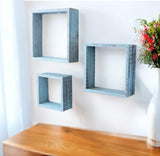 Set Of 3 Square Robins Egg Blue Reclaimed Wood Open Box Shelve