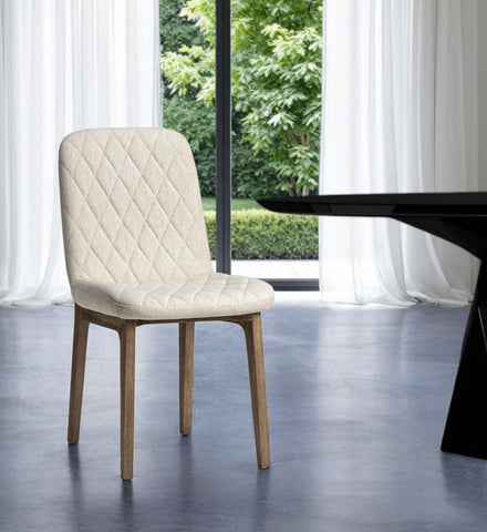 Set of Two Cream and Brown Fabric Dining Side Chairs