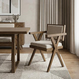 Cream And Brown Upholstered Fabric Open Back Dining Arm Chair
