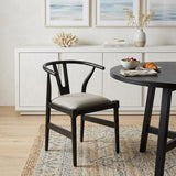 Beige And Black Upholstered Linen Wishbone Back Dining Side Chair