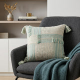 20" Beige And Mint Green Cotton Throw Pillow with Tassels And Texture